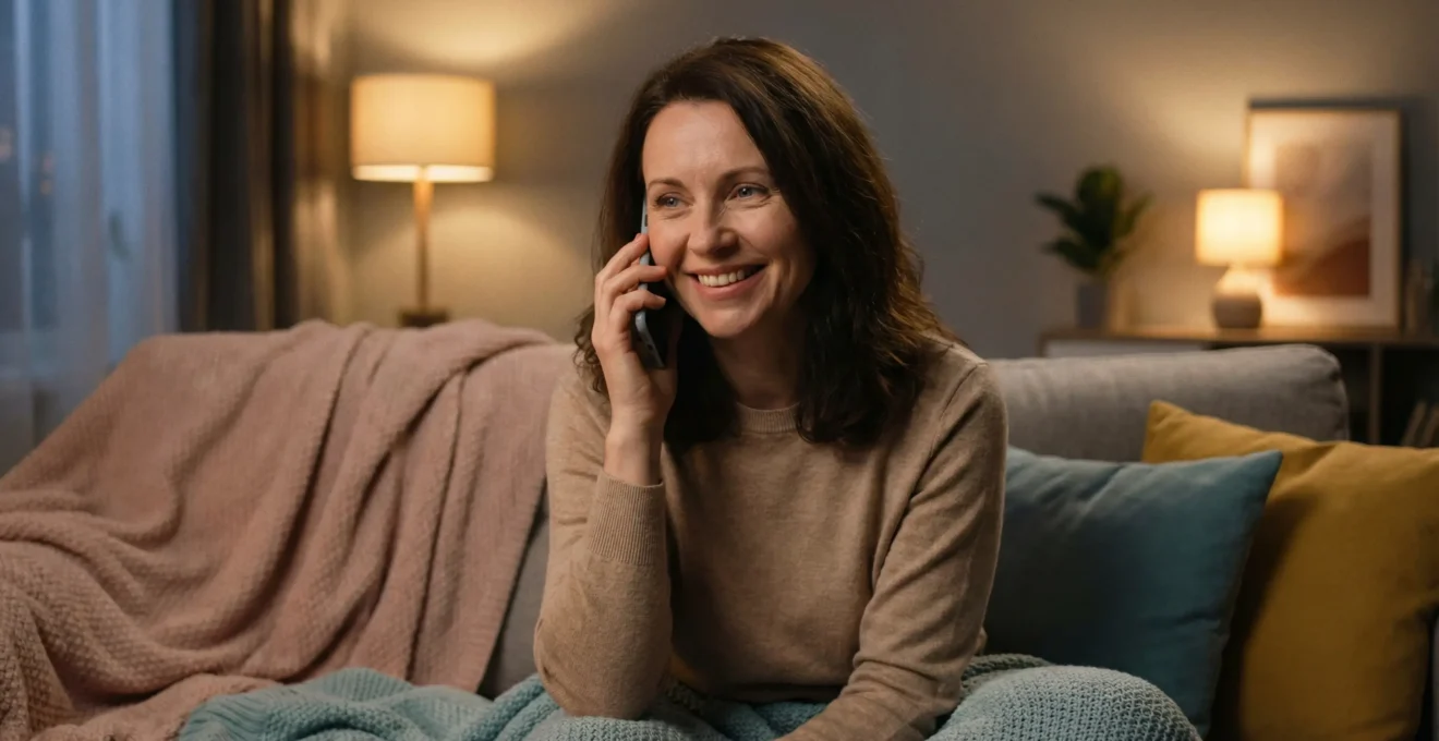 Femme souriante au téléphone dans intérieur cosy, moment de connexion émotionnelle à distance