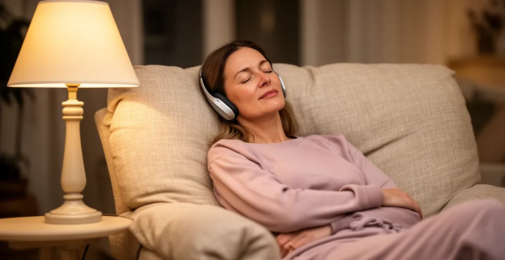 Femme détendue dans un fauteuil confortable avec écouteurs, moment de bien-être émotionnel