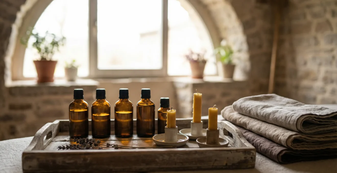Huiles de massage et bougies dans une ambiance spa pour détente musculaire