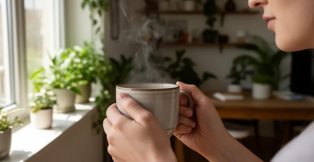 Mains tenant une tasse fumante, moment de pause contemplative près d'une fenêtre