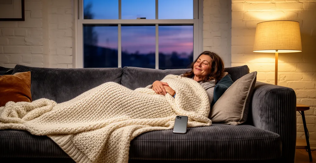 Personne détendue sur un canapé avec couverture douce, expression apaisée après moment de connexion
