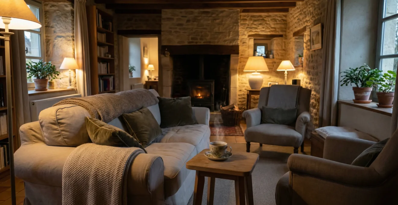 Salon français cosy en soirée avec ambiance propice au lâcher-prise